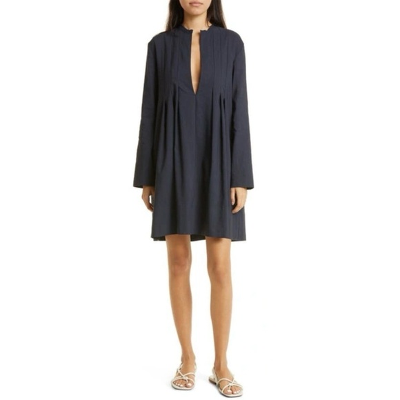 Vince Pleated Long-Sleeve Mini Trapeze Dress Size 6 Linen Cotton Navy Blue EUC